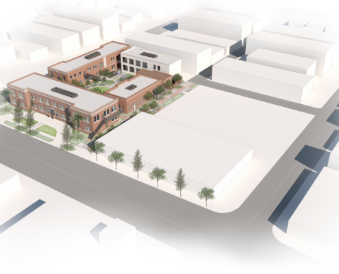 Oblique drone rendering of site featuring renovated Harrower campus including three historic buildings and one new building.