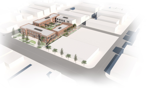 Oblique drone rendering of site featuring renovated Harrower campus including three historic buildings and one new building.