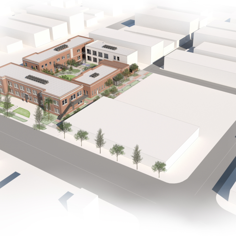 Oblique drone rendering of site featuring renovated Harrower campus including three historic buildings and one new building.