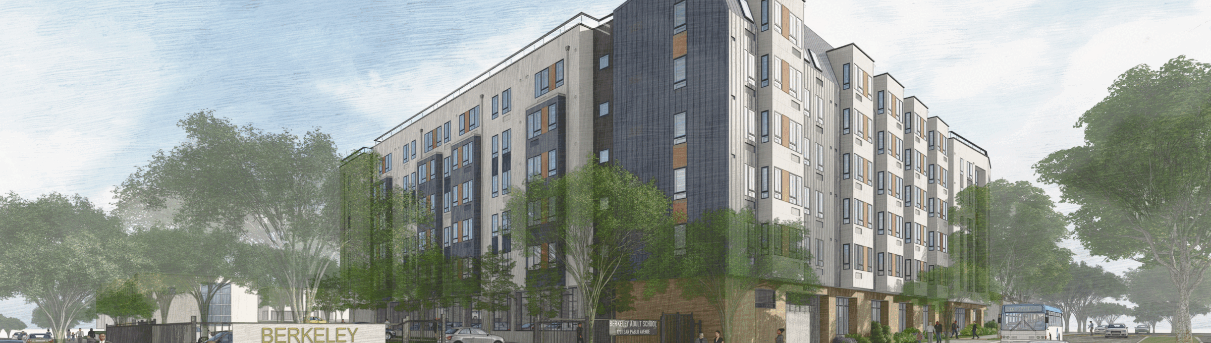 A modern, multi-story apartment building stands next to a sign for Berkeley Adult School. Trees line the sidewalk, people are walking, and cars are parked along the street under a partly cloudy sky.