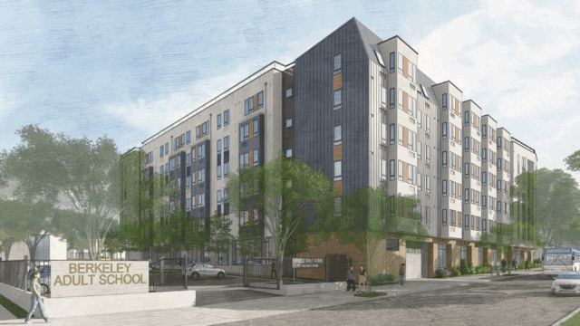 A modern, multi-story apartment building stands next to a sign for Berkeley Adult School. Trees line the sidewalk, people are walking, and cars are parked along the street under a partly cloudy sky.