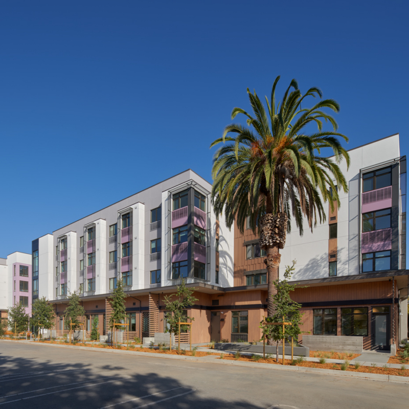 Grant_06 A modern three-story apartment building with large windows, balconies, and pink accents stands along a quiet street lined with small trees and a tall palm tree under a clear blue sky.