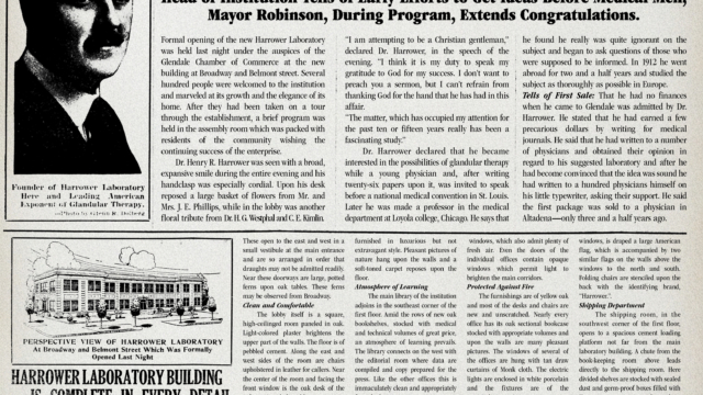 Harrower A vintage newspaper article with the headline “Hundreds Attend Formal Opening of Harrower Laboratory Under Auspices Chamber of Commerce,” featuring a photo of Dr. Henry R. Harrower, an architectural illustration, and ties to historic Harrower Village.