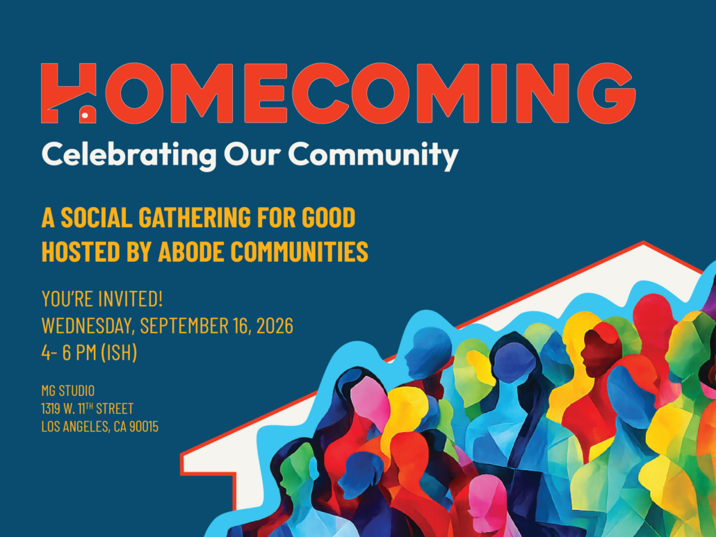 Colorful silhouettes of diverse people gather below bold Homecoming text, promoting a community event hosted by Abode Communities on September 16, 2026, at MG Studio, Los Angeles.
