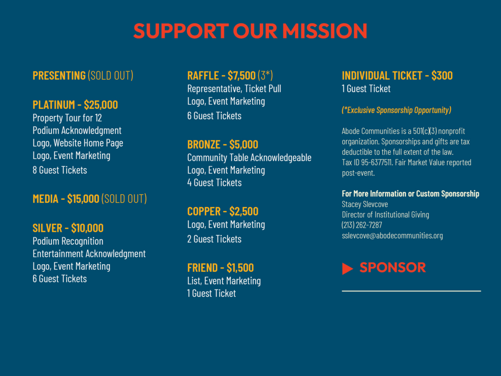Sponsorship levels and benefits for an event, including Presenting, Platinum, Media, Silver, Raffle, Bronze, Event, and Friend, with contact info for Stacey Silcove and note about tax-deductibility.