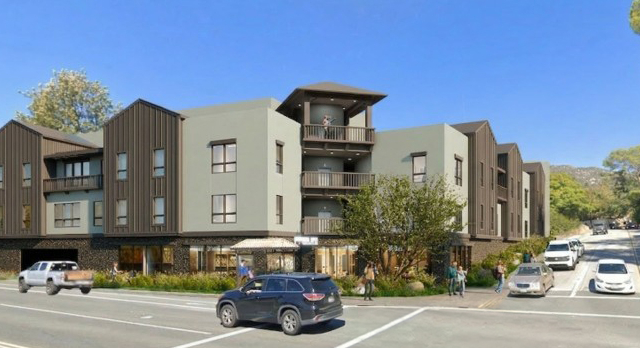 A modern three-story building, La Crescenta Apartments, with balconies sits at a street corner. Cars line both sides of the road, and a few people stroll on the sidewalk under a clear blue sky.