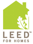 LEED for Homes Logo. USGBC Environmental Sustainability Logo with green house featuring white plant leaves and LEED for Homes wordmark.