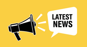 A black megaphone icon on a yellow background projects a speech bubble with the bold text LATEST NEWS inside, echoing updates from Wilshire and Crenshaw.
