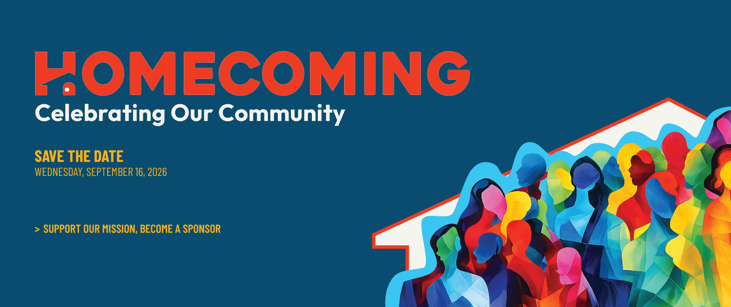 Colorful abstract silhouettes of people gather under a white roof outline on a blue background. Bold red text reads HOMECOMING, with Celebrating Our Community and event details below.