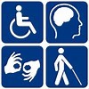 Universal symbol of accessibility. Person is wheelchair, brain highlighted, hand signals, and person with cane walking.