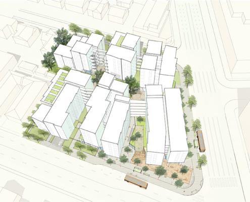 Oblique massing plan with white buildings and line art of proposed mixed-use community featuring six, low- and mid-rise structures attached with pedestrian walkways.