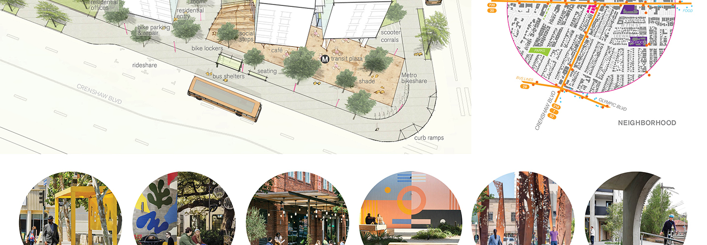 Walkability and transit details for proposed property. Precedent images of bus shelters, shade, seating areas, landscape, public art, and infrastructure with pointers to map locations at west elevation along Crenshaw Boulevard.