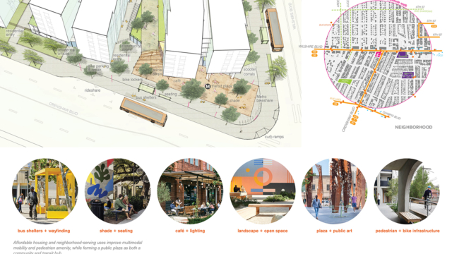Walkability and transit details for proposed property. Precedent images of bus shelters, shade, seating areas, landscape, public art, and infrastructure with pointers to map locations at west elevation along Crenshaw Boulevard.