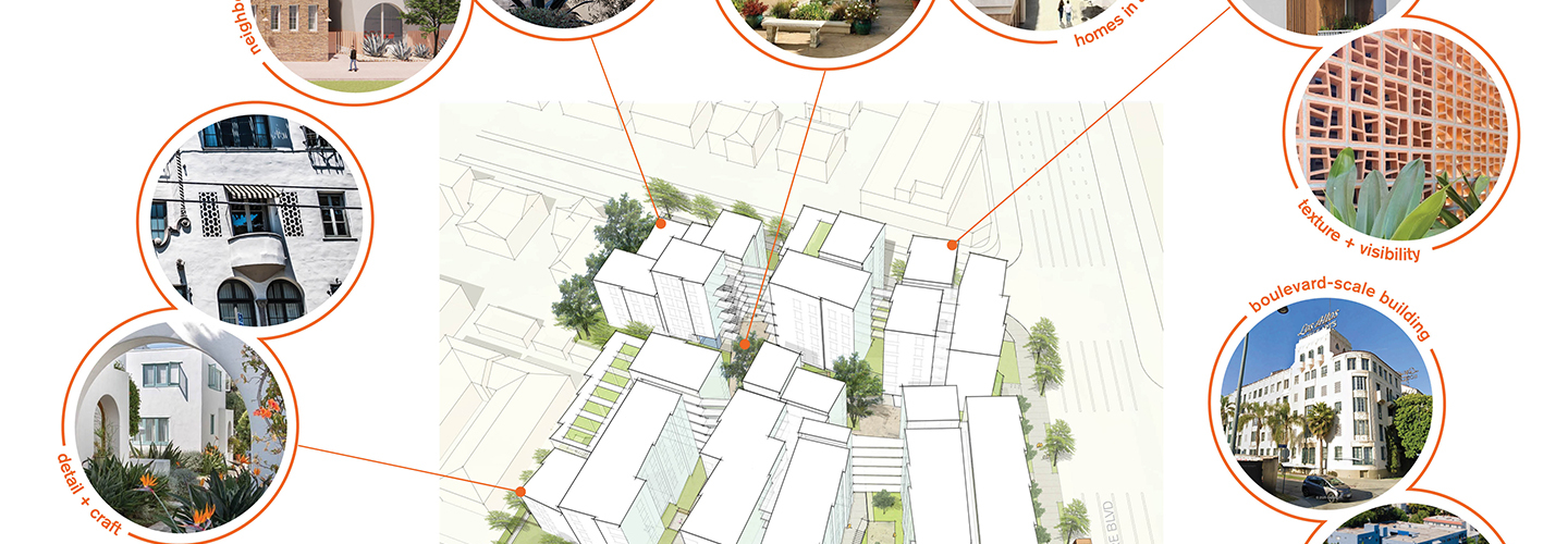 Precedent images of architectural elements found within the proposed site. Boulevard-scale and neighborhood-scale buildings with residential uses arranged around gardens. Details reflect architectural character of the Los Angeles neighborhood,
