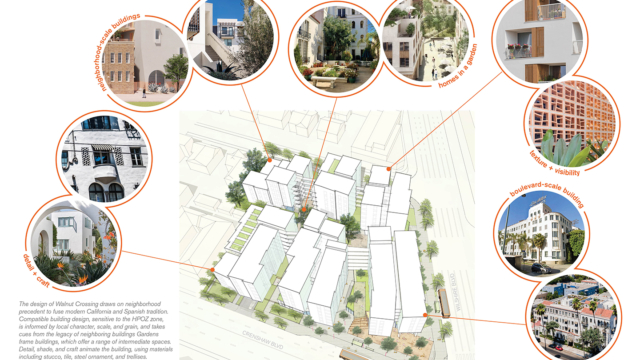 Precedent images of architectural elements found within the proposed site. Boulevard-scale and neighborhood-scale buildings with residential uses arranged around gardens. Details reflect architectural character of the Los Angeles neighborhood,