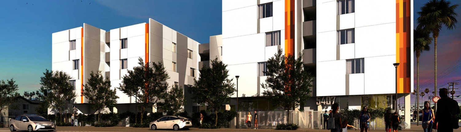 Now Leasing: The Carlton, a multifamily building with three and four levels above grade. White and orange exterior.