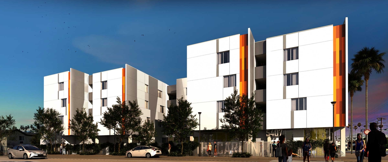 Now Leasing: The Carlton, a multifamily building with three and four levels above grade. White and orange exterior.
