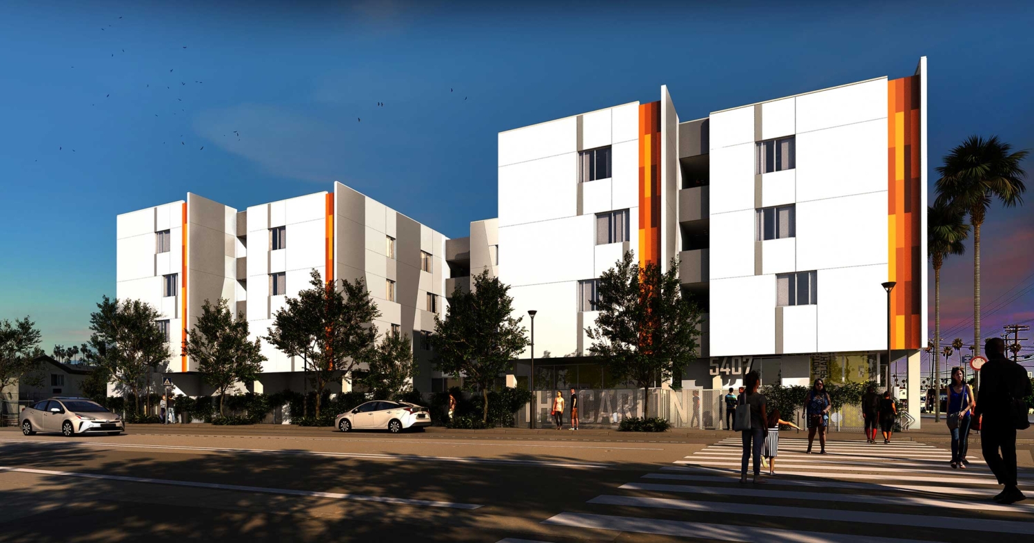 Now Leasing: The Carlton, a multifamily building with three and four levels above grade. White and orange exterior.