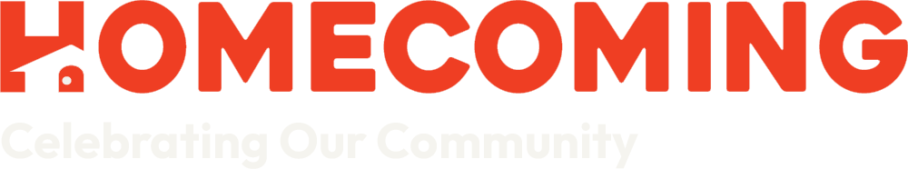 The word HOMECOMING in bold red letters; the H resembles a house with a roof, window, and door incorporated into its design.
