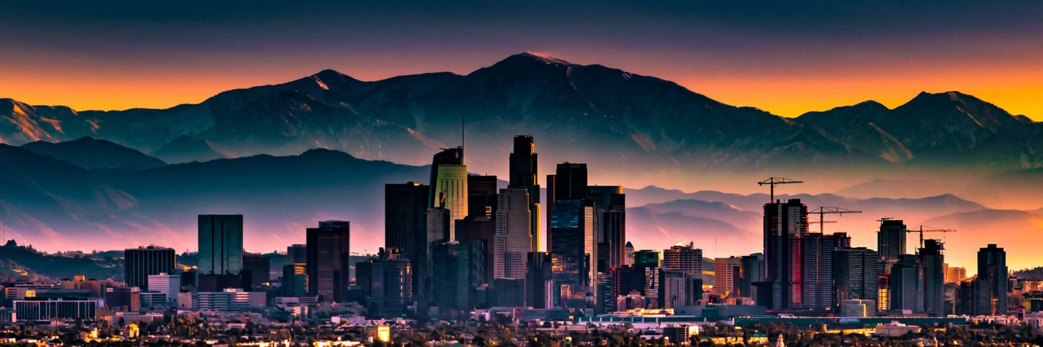 Downtown Los Angeles skyline at sunset with mountains in the background.